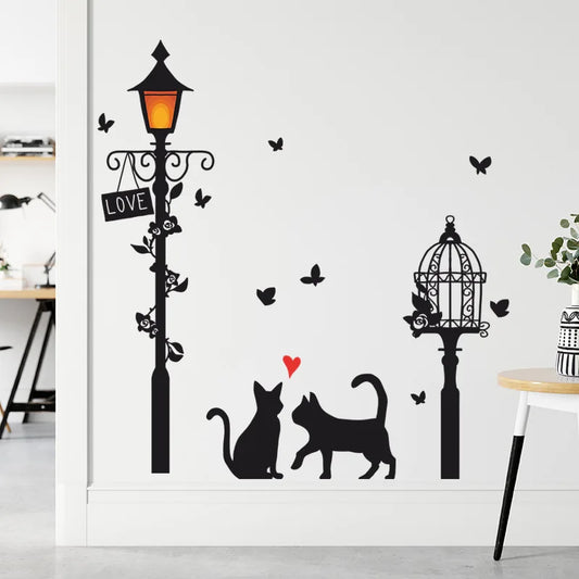 Cartoon Street Lamp Cat Wall Sticker Living Room Entrance Background Home Decoration Bedroom Decor Decal Self Adhesive Wallpaper.