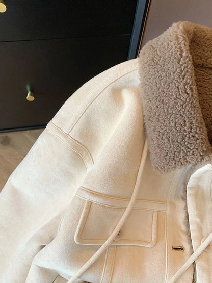 Wildleder Samt Lamm Jacke Frauen Herbst Winter Dicke Warme Turndown Kragen Mantel Y2K Lose Streetwear Alle Spiel Langarm Outwear.