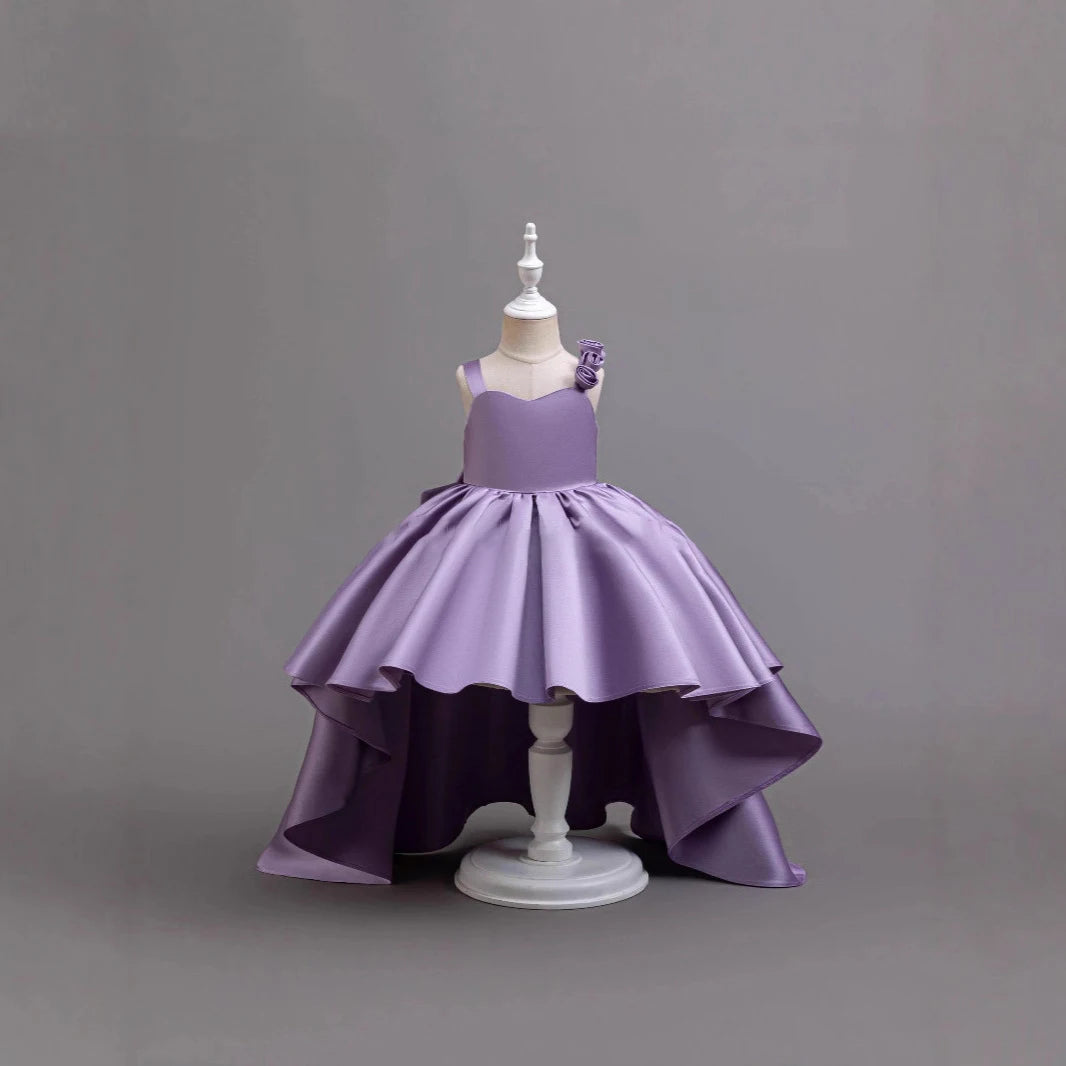 2025 Neues Mädchen-Partykleid mit lila Schwanz, Smoking für 2–6 Jahre alte Mädchen, Festival-Performance-Abendkleid, Huatong-Hochzeitskleid.