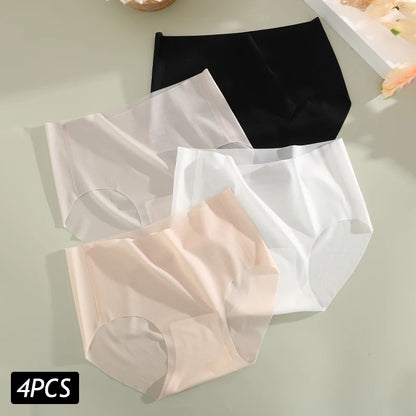 4PCS/Set Women's Ice Silk Seamless Panties Ultra Thin Briefs Breathable Underwear Female High Waist Intimates Lingerie Plus Size.