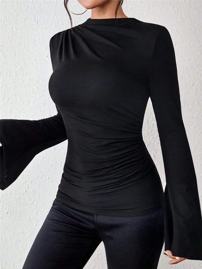 Fashion Pleated T-Shirt Women Solid Color Slim Shirt Autumn Flare Sleeve Stand Collar Pullover Tops Female Commuter Casual  Tees.