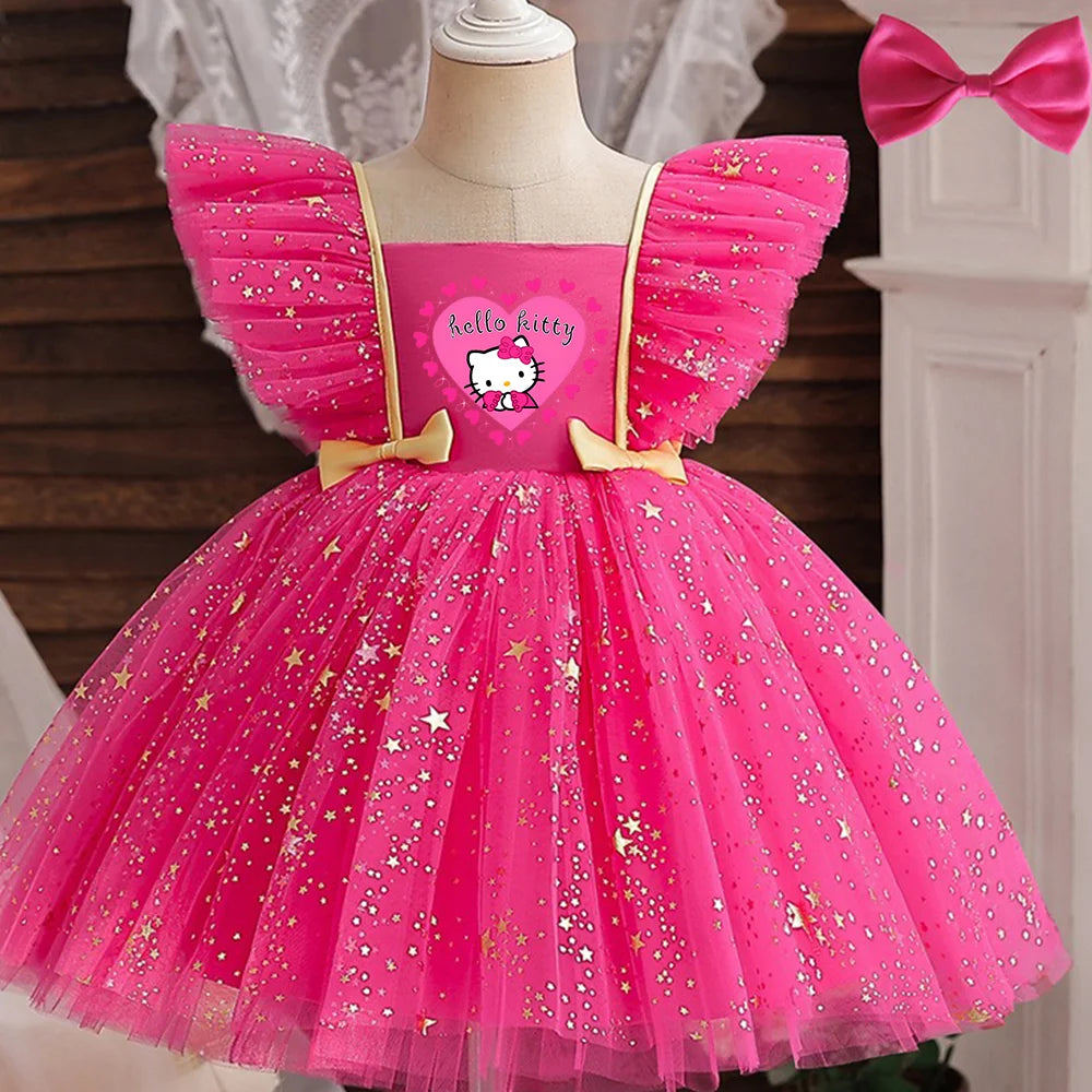 Hello Kitty Prinzessinnenkleid für Mädchen, Pailletten, Stern, Rüschen, Schleife, Tutu-Kleid, Baby, formelles Gala-Abschlussballkleid, Kinder-Abendparty-Kostüm