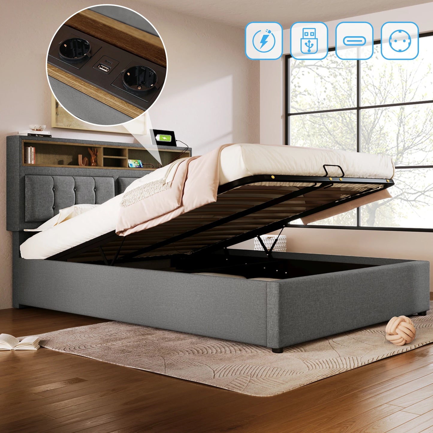 KOMHTOM Polsterbett Doppelbett Jugendbett Leinen - USB C Steckdose Ladefunktion im Kopfteil, Stauraumbett, ohne Matratze