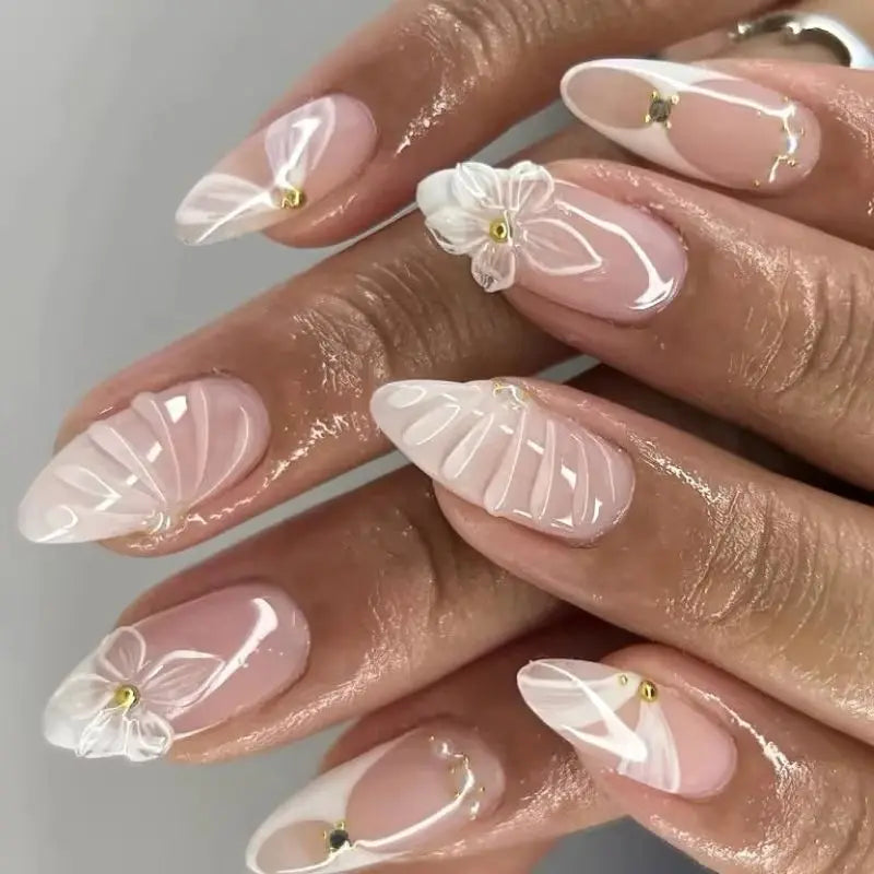 3D Flowers Gold Bead Lace White Daisy Bowknot Long Pointed Fake Nails Art Almond False Nails Press on Nails Charms Manicure Tool.