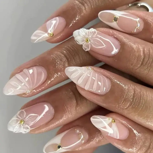 3D Flowers Gold Bead Lace White Daisy Bowknot Long Pointed Fake Nails Art Almond False Nails Press on Nails Charms Manicure Tool.