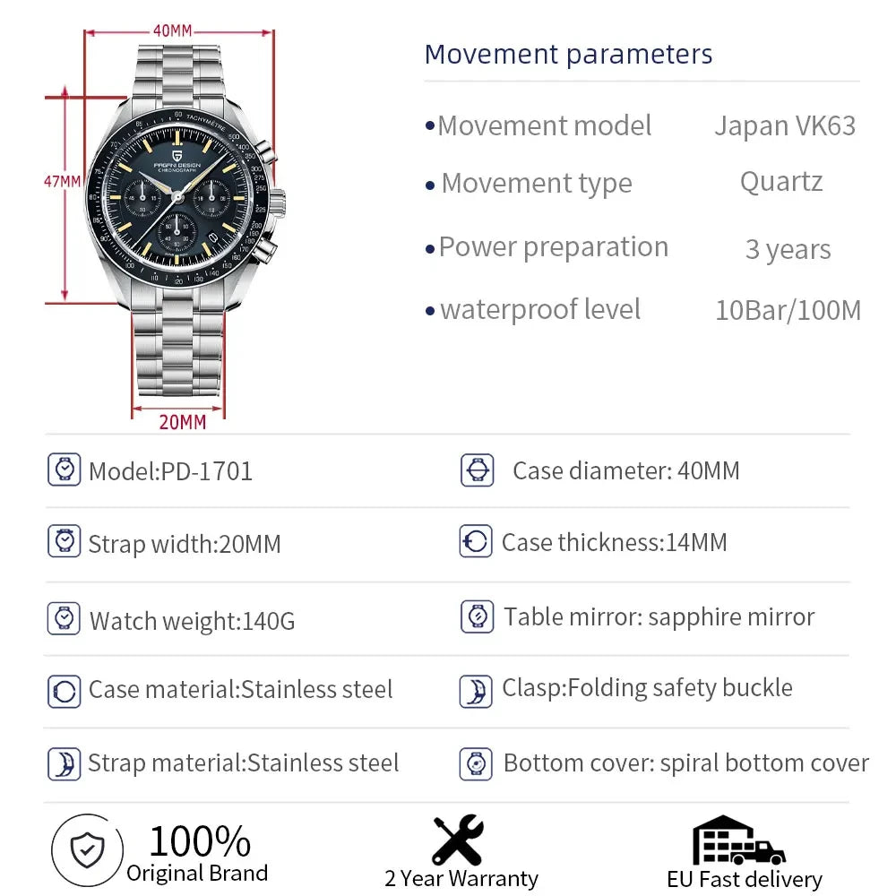 PAGANI DESIGN 2025 New Moon Watch Retro Luxury Quartz Watches For Men Stainless steel Luminous waterproof Sport Chronograph Man.