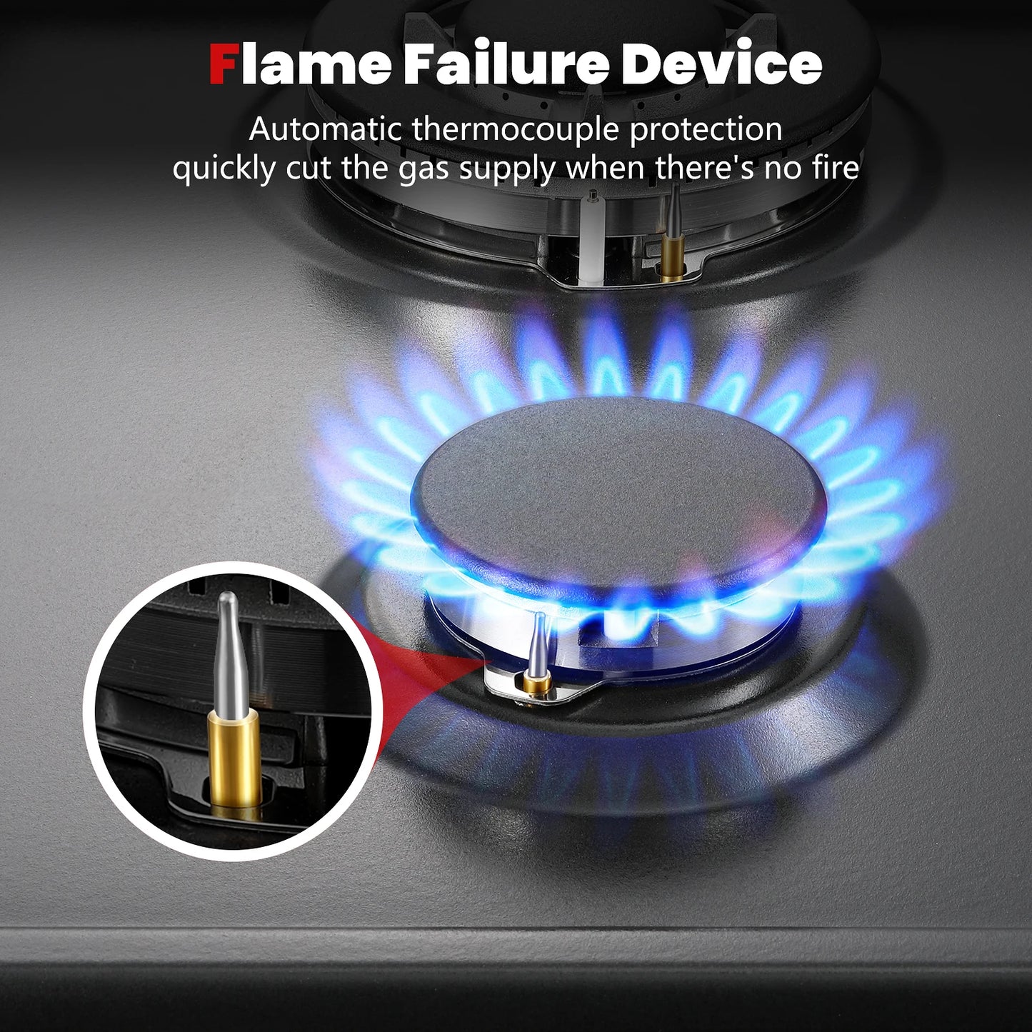 4 Burners Black Enamelled Plate 58 cm Automatic Flame Protection, Natural Gas and Propane Gas, Built-in Gas Hob.