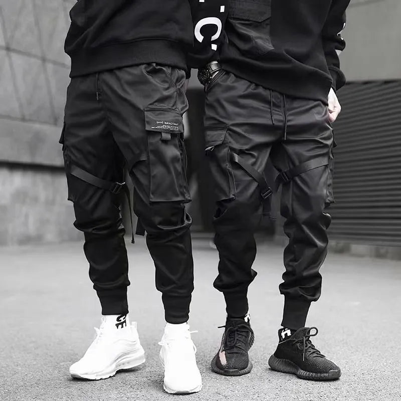 2025 Multi-pockets Ribbons Bandage Tactical  Techwear Cargo Pants Mens Harajuku Punk Hip Hop Joggers Pantalons Casual Streetwear.