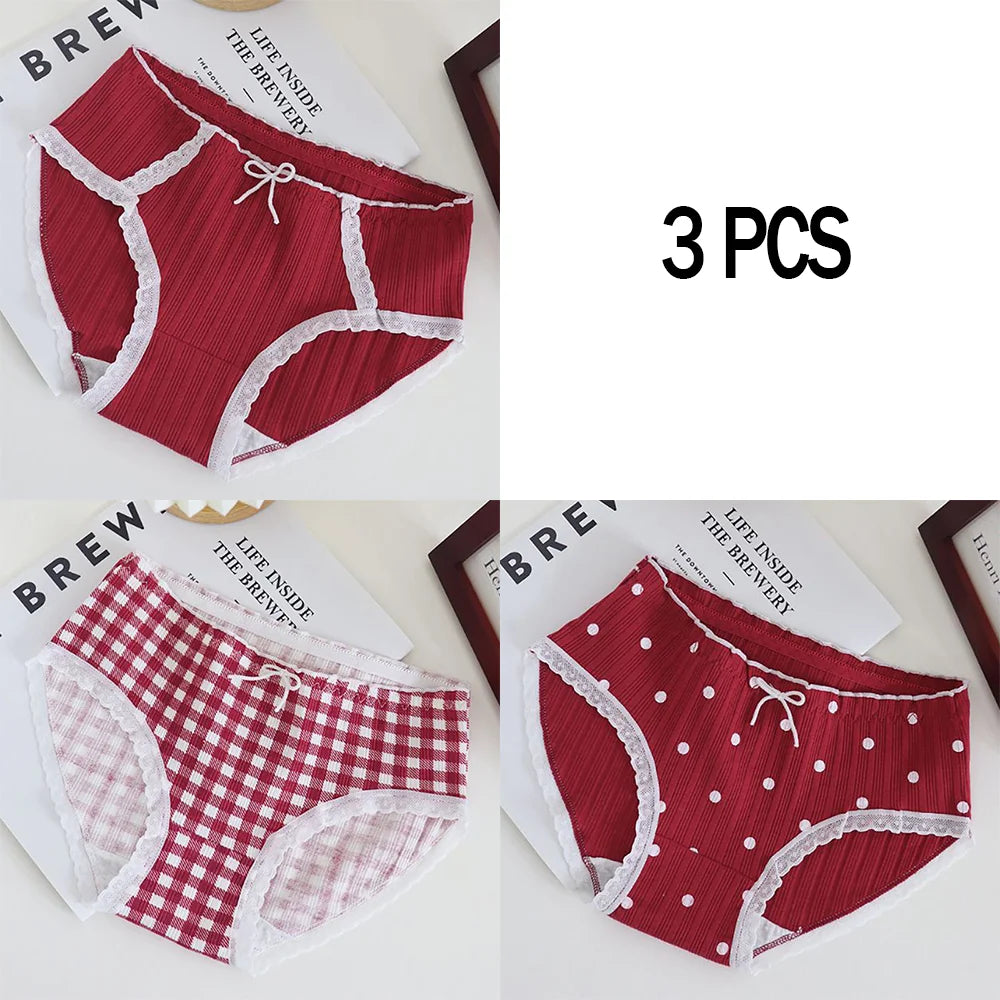 3pcs Cotton Women's Panties Sweet Cute Printed Student Mid-Waist Underwear Fashionable Breathable Girls Daily Briefs.