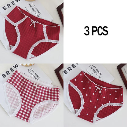 3pcs Cotton Women's Panties Sweet Cute Printed Student Mid-Waist Underwear Fashionable Breathable Girls Daily Briefs.