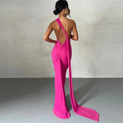 Mozision Schräge Schulter Backless Maxi Kleid Für Frauen Kleid Sommer Zurück Strap Ärmellose Geraffte Party Sexy Langes Kleid Vestidos