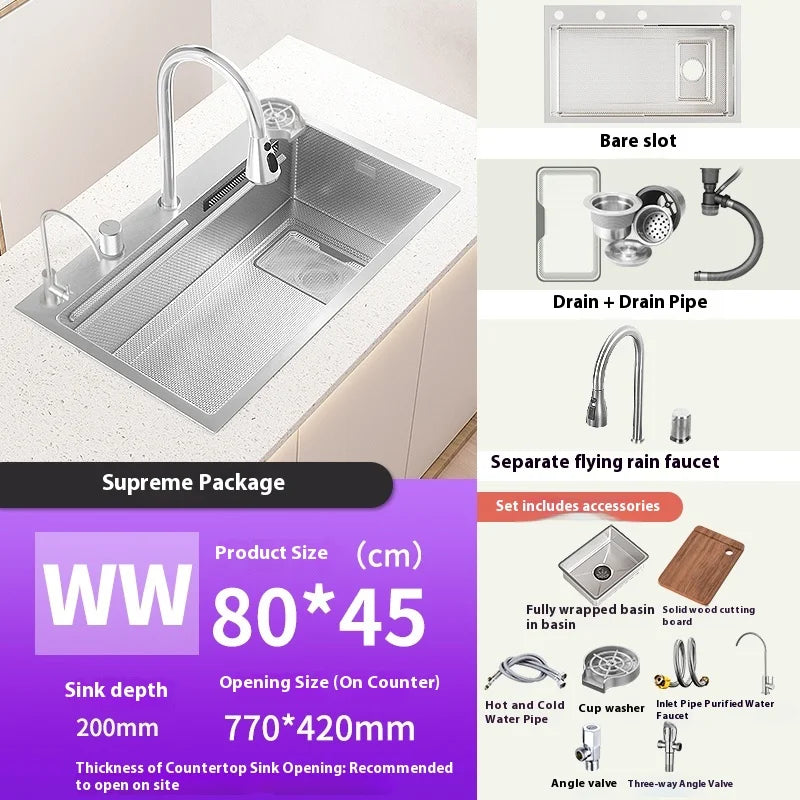 Stainless Steel Waterfall Kitchen Sink Multifunctional Scratch Resistant Wash Vegetables Basin Household Large Single Slot