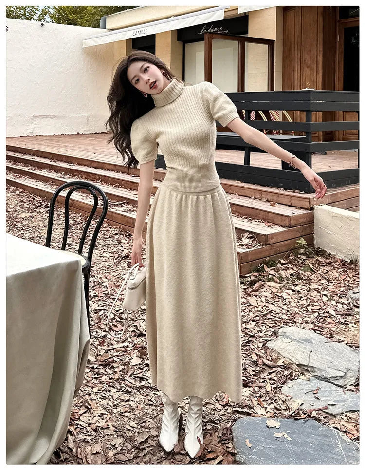 VigoAnne Spring Autumn 2025 Turtleneck Knit Woman 2 Piece Set Casual Solid High Waist Skirts Suits Korean Lady Long Dress Suit.