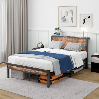120x200 cm Metallrahmen mit Stauraumkopf, Einzelbettrahmen mit Metallplattform, geräuschfrei, kein Boxspring erforderlich, Vintage-Braun