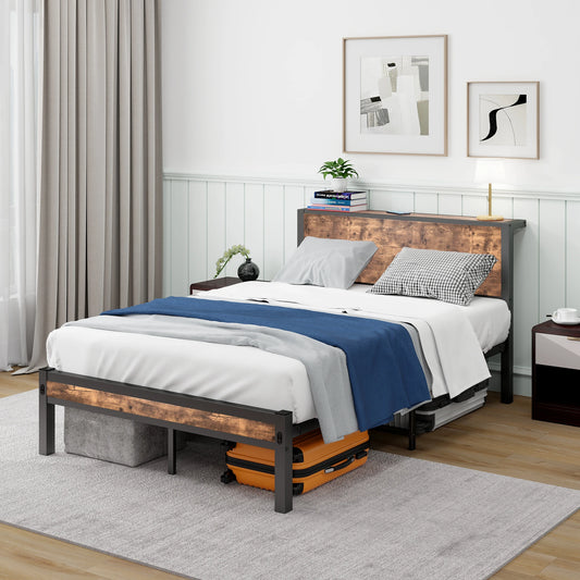 120x200 cm Metallrahmen mit Stauraumkopf, Einzelbettrahmen mit Metallplattform, geräuschfrei, kein Boxspring erforderlich, Vintage-Braun