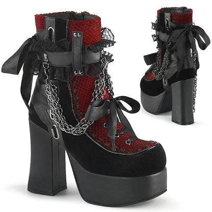 Gothic Style Chain Lace Up Bow Women Short Boots Retro Round Toe Square Heel Chunky Platform Ankle Boots Punk Ladies Party Shoes.