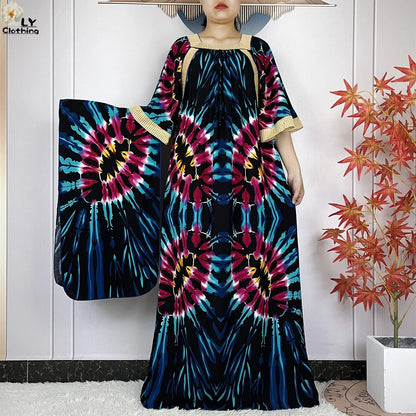 New Muslim Dress Woman Short Sleeve Dashiki African Abaya Tie-dyed Printing Cotton Loose Femme Robe Islamic Dresses With Scarf