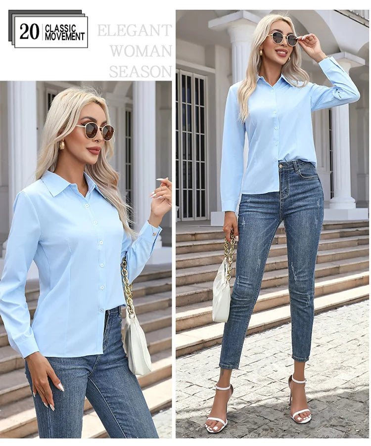 1pcs Woman Spring Autumn Solid color Shirts Lady Casual Long Sleeve Turn-down Collar Loose Shirt Female Fashion Temperament Tops
