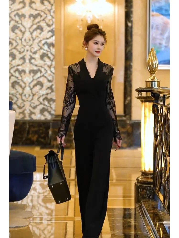 Luxury Elegant Lace Patchwork Black Jumpsuit Women Summer High Waist Long Sleeve Jumpsuits Combinaison Femme Overalls.