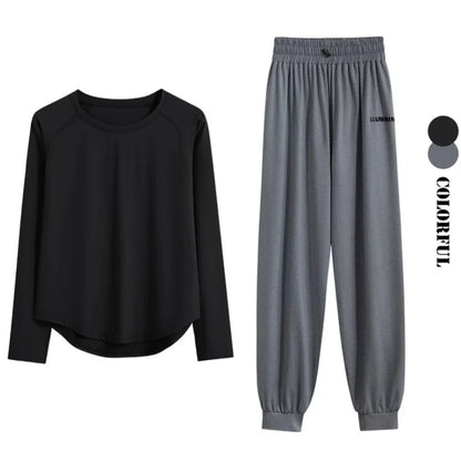 DRUR 2pcs Running Set Women Tracksuit Lightweight Loose Long Sleeve Sport Shirt Pants Sets 2 Piece Sportswear Outfit Gym Clothes