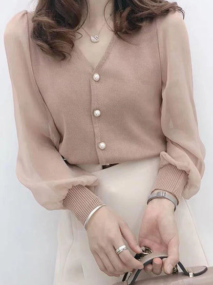 clothe Women's Spring Autumn Style Chiffon Blouses Shirt Women's Knitted Button Long Sleeve Solid Color Lace Patchwork Tops.