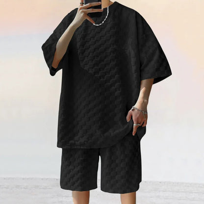 European and American Oversized Fashion Brand Men's Summer New Chessboard Plaid Loose Sports and Leisure Two-Piece Set