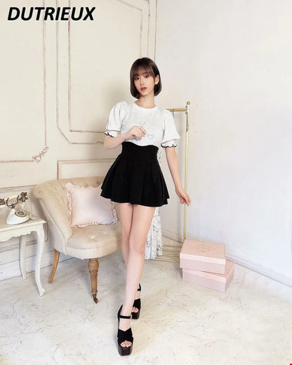 Japanese Lolita Black Skirts Women 2025 Spring Autumn New Radian Waistline Slim Short Pleated Skirt Female Mini Skirt Culottes.