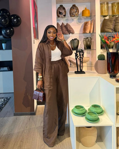 Spring and summer casual shirt long pants two-piece set 2025 new women's fashion lapel loose suit women's daily wear.