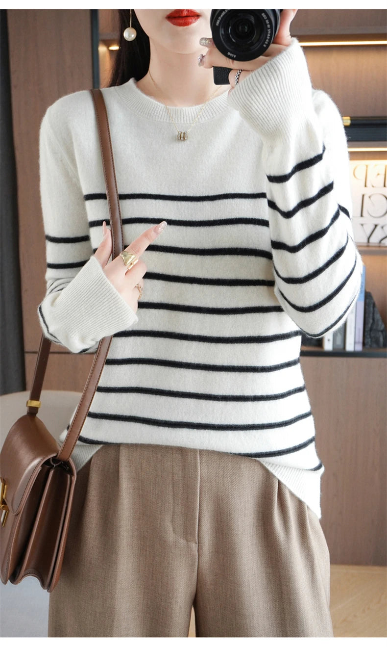 Herbst Winter neue Frauen O-Ausschnitt Farbe Streifen Pullover Wolle Mischung Mode weichen warmen Pullover Kaschmir lose lässig Strick Base Top.