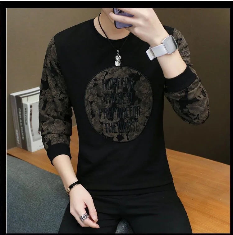 Men's Spring Autumn New Printing Patchwork Sweatshirts Long Sleeve O-Neck Loose T Shirt Tops Fashion Trend Men Clothing.