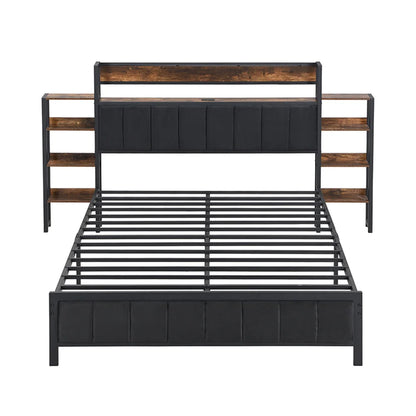 Metallbett 140x200cm, Flachbetten, Kopfteil mit Regal und 3 usb-anschlüsse, Metall+MDF+Velvet, Schwarz + Walnuss, ohne Matratze