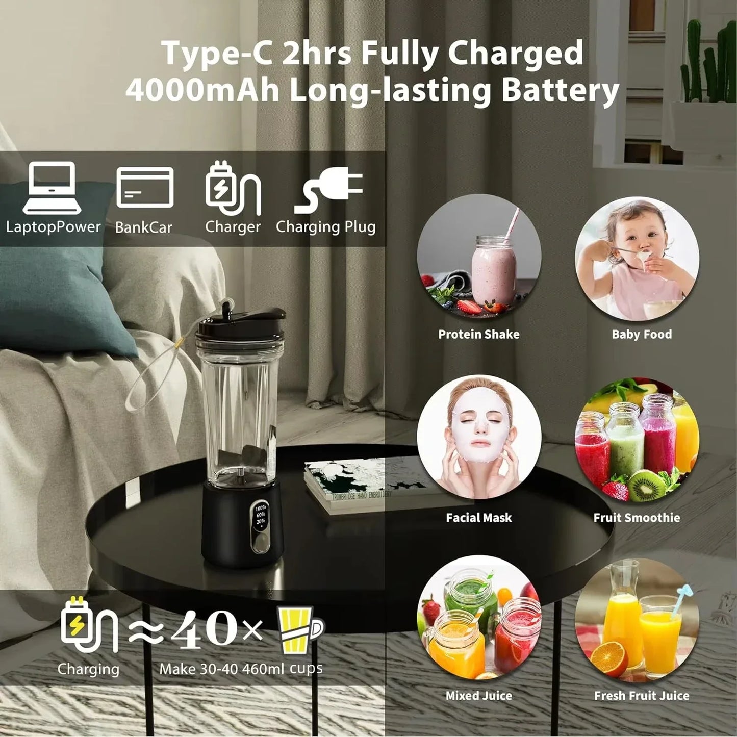 New Portable Juicer Dual-use Juice Cup USB 4000mAh Battery Indoor Outdoor Fruit Blender 300W Smoothie Juice Bottle Cup Blender.