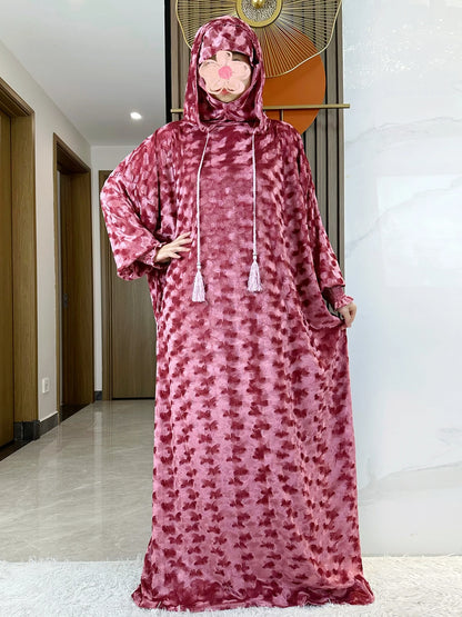 High Quality Velvet Fabric 2025 Ramadan Muslim Lady's Abaya Two-Hats Dubai Turkey Style Islamic Prayer Clothing Kaftan Dress.