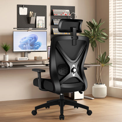 AUTHMIC Ergonomischer Bürostuhl mit Netzrücken, 5D-Lendenwirbelstütze, Liegestuhl 90–135 ° , Verstellbare Armlehne und Kopfstütze für das Heimbüro