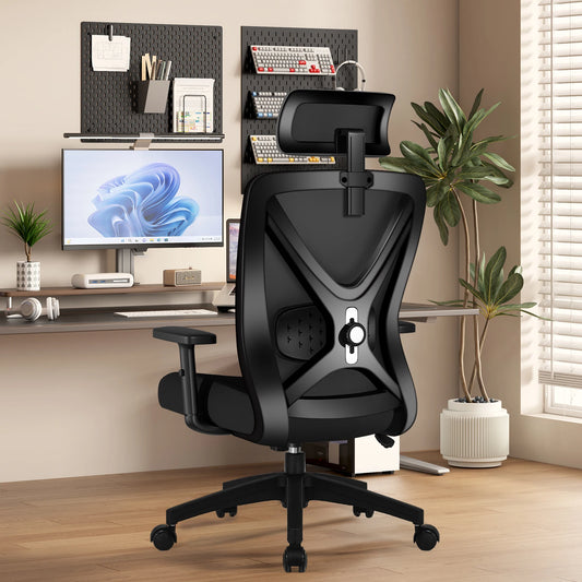 AUTHMIC Ergonomischer Bürostuhl mit Netzrücken, 5D-Lendenwirbelstütze, Liegestuhl 90–135 ° , Verstellbare Armlehne und Kopfstütze für das Heimbüro