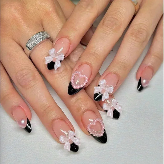 24pcs French Almond Press on Nails Leopard Print False Nails 3D Bow Wearable Stick-on Nails Fake Nail Uñas Накладные Ногти 네일팁.