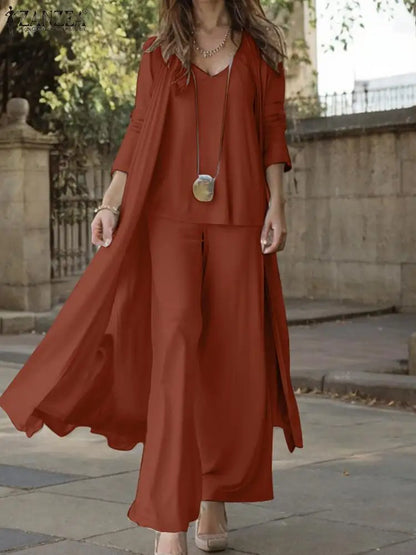 Women Autumn Tracksuits 3pcs Pant Sets ZANZEA Fashion Casual 3-Pieces Sets Solid Tank Tops and Cardigans Wide Leg Trousers Suit.
