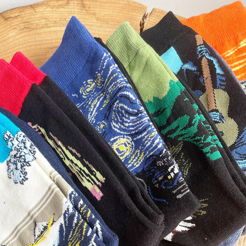 Autumn winter Retro Women Art Van Gogh Mural World Famous Oil Painting Series Men Socks Funny Socks.