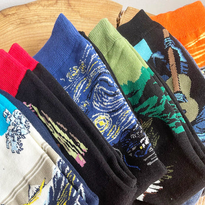 Autumn winter Retro Women Art Van Gogh Mural World Famous Oil Painting Series Men Socks Funny Socks.