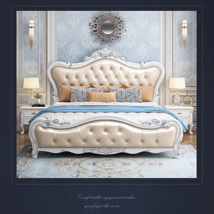 Europäisches Luxus-Doppelbett, modernes weißes King-Size-Doppelbett mit ästhetischem Rahmen, hochwertiges, schlafendes, beleuchtetes Deux-Tischmöbel für Schlafzimmer