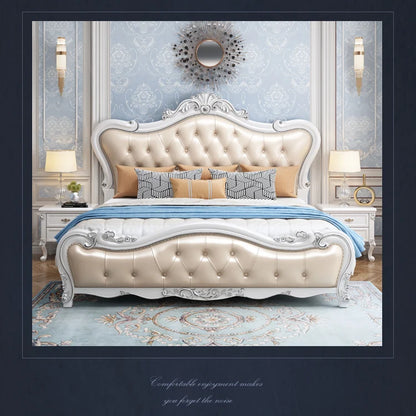 Europäisches Luxus-Doppelbett, modernes weißes King-Size-Doppelbett mit ästhetischem Rahmen, hochwertiges, schlafendes, beleuchtetes Deux-Tischmöbel für Schlafzimmer