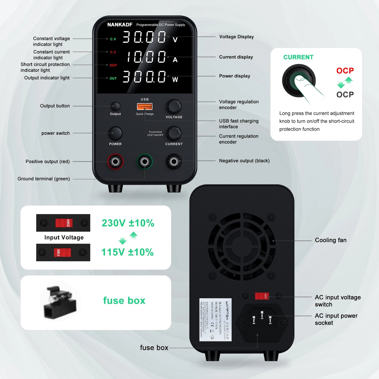 NANKADF Lab Bench Power Supply 30V 10A Switching Power Supply Unit 30V 5A  Adjustable Source 60V 5A Voltage Stabilizer 120V 3A
