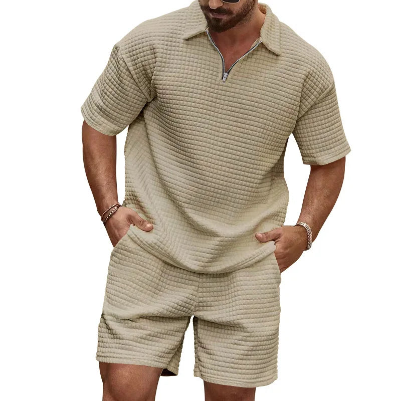 2024European and American Men's Spring and Summer Trends Youth Outdoor Lapel Small Plaid Short Sleeve Shorts Sports Suit.