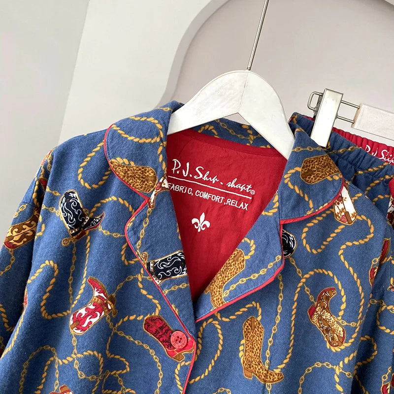 2025 New Pajamas Suit Cotton 2 Piece Set Women Print Cartoon Nightwear Long Sleeve Trousers Set Autumn Loungewear Home Clothes