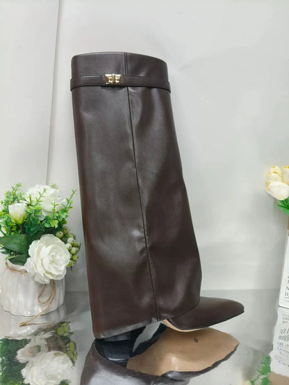 2025 Autumn And Winter Women's Pointed Toe Crude Heel Knee High Boots Female Metal Decor Pants Boots High Quality Woman Shoes.