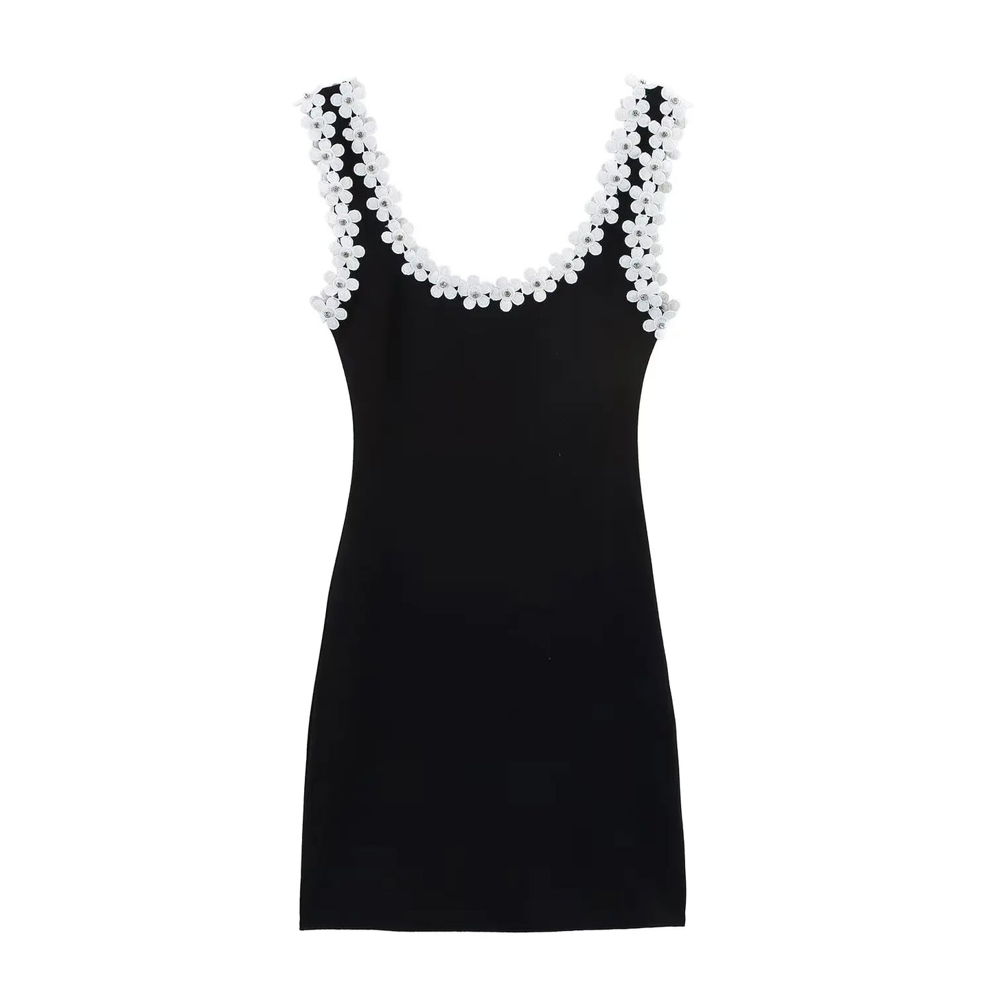 TRAFZA Weibliches Sommer-Sexy-dünnes Kleid, 2-farbig, fester quadratischer Kragen, ärmellos, rückenfrei, Blumendekoration, Damenmode-Kleider.