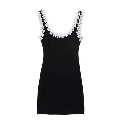 TRAFZA Weibliches Sommer-Sexy-dünnes Kleid, 2-farbig, fester quadratischer Kragen, ärmellos, rückenfrei, Blumendekoration, Damenmode-Kleider.