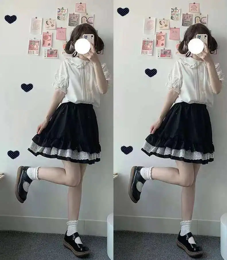 Shirts Women Japanese Style Pure Slim Summer Kawaii Schoolgirl Jk Daily Blusas Short Sleeve Casual Preppy Mujer Peter Pan Collar.