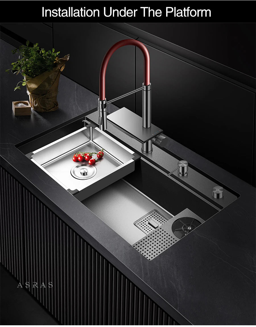 ASRAS New Waterfall Faucet Kitchen Sinks Nanometer Large Size 4mm Panel Handmade Sinks Cup Rinser Kitchen Sinks