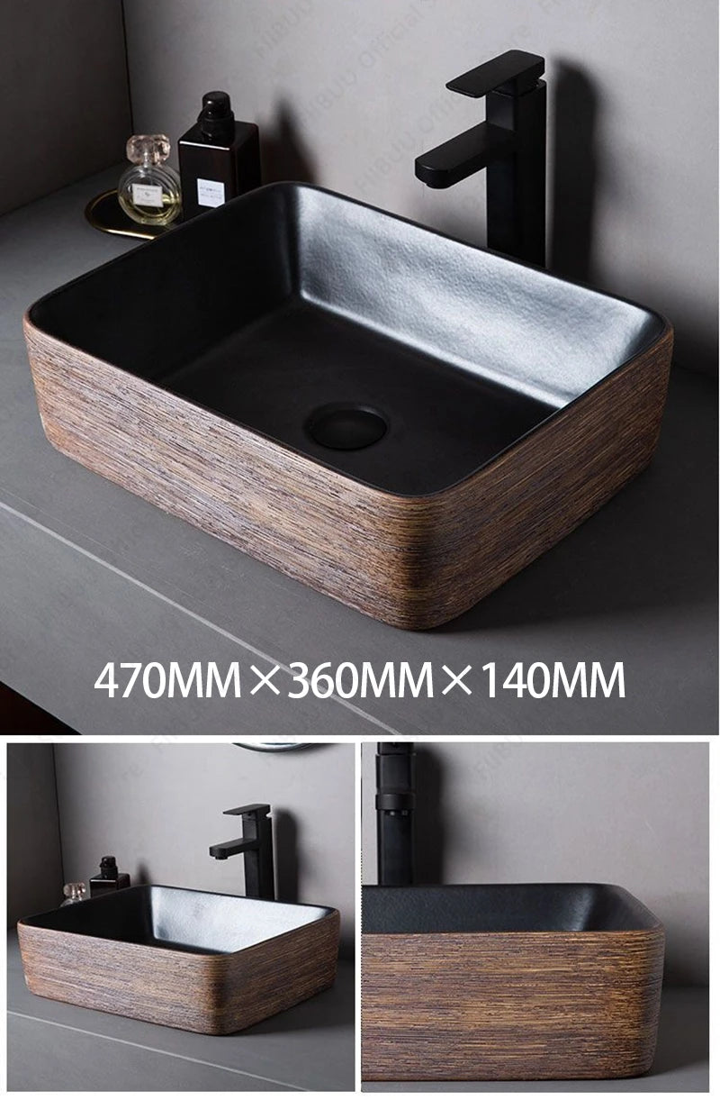 Braunes Porzellan-Keramik-Waschbecken über der Theke, Waschtisch, Schüsselbecken, Badezimmer, Sanitär, Balkon, Tisch, Waschbecken, Arbeitsplatte, ovales Waschbecken